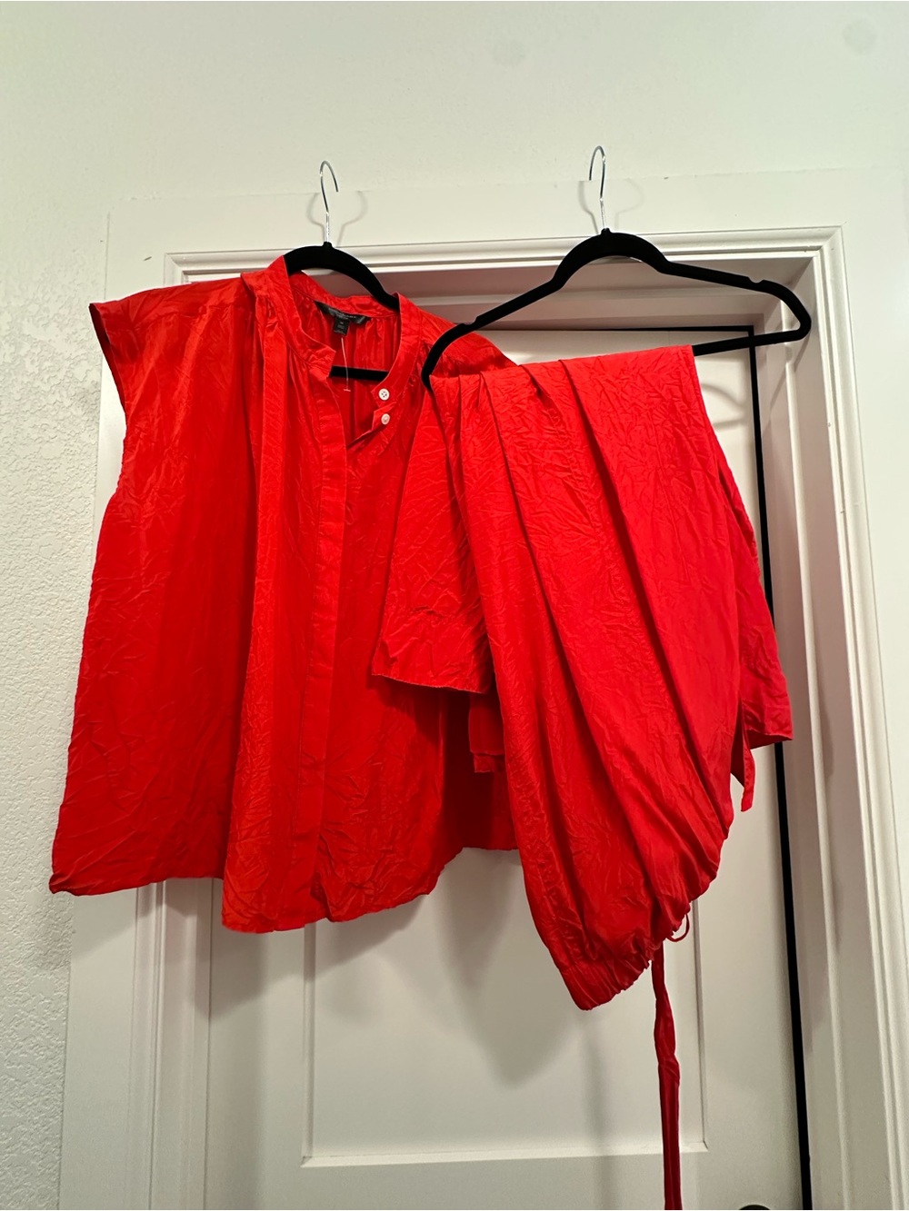 Banana Republic Red Two-Piece Set - Silk Button Front Top & Drawstring Skirt